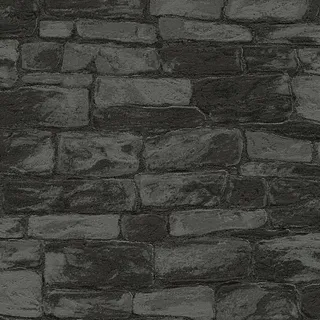 Bricoflor Papier Steintapete Schwarz Grau Mauer Tapete Dunkel Ideal für Schlafzimmer und Wohnzimmer Schwarze Papiertapete in Steinoptik mit Vinyl