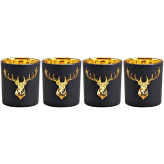 Windlichter für Teelichter aus Glas | 4 Teelichtgläser für den Adventskranz | Teelichthalter Set Weihnachtsdeko Winterdeko (Hirsch schwarz)