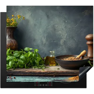 KitchenYeah© Herdabdeckplatte Einteilig Ceranfeld Abdeckplatte für Induktionsschutz Ceranfeldabdeckung Vinyl Herdabdeckplatten Küche - Blätter - Regal - Beton - 59x52 cm
