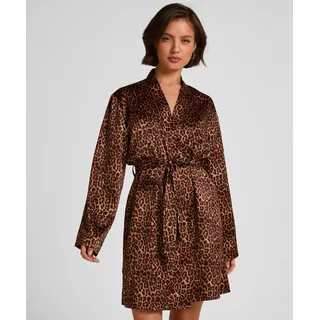 Bademantel HUNKEMÖLLER "Satin kimono" Gr. XS, braun (schwarz), XS/S, 100% Polyester, Hausmäntel, Bademantel