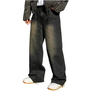 Generisch Baggy Jeans Herren Vintage Y2K Mit Weitem Bein Pants Cargo Jeans Lange Flared 90S Streetwear Jeanshose Breite Coole Stretch Hose Baggy-Jeans Blau M-3XL