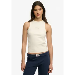 Tanktop SUPERDRY "ESSENTIAL LOGO RACER VEST", Damen, Gr. L, beige (desert bone sanftes weiß), Jersey, Obermaterial: 100% Baumwolle, unifarben, regular fit normal, Rundhals, Tops Tanktop, aus Baumwolle, Regular Fit, mit Rundhalsausschnitt, ärmelloses Design