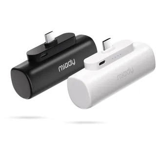 Miady 2 Stück Mini Power Bank Klein Aber Stark tragbare Externe Akkus | |5000mAh| 18.5Wh| USB-C Ausgang/Eingang| leichtes Gewicht| für iPhone 17、Galaxy & Android| flugtauglich| Schwarz + Weiß|
