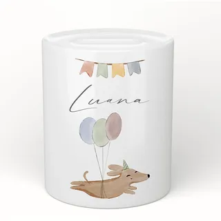 Manufaktur Liebevoll Personalisierte Kinder Spardose Hund Namen Geburt Taufe Taufgeschenk Baby Geschenk Geburtstagsgeschenk Geldgeschenk Sparschwein Sparbüchse Keramik Mädchen Junge (Motiv Hund)
