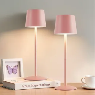GyroVu Kabellose 2 Stück LED Tischlampe,Akku Tischleuchte mit USB-C Rosa | Höhenverstellbar Touch Lampe Dimmbar Stufenlos, IP44 Wasserdicht, Nachttischlampe Für Camping Esstisch Wohnzimmer Nachttisch