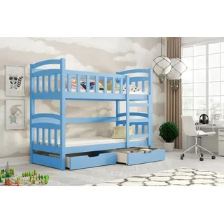thematys Etagenbett Hochbett mit Rausfallschutz – inkl. 3 Matratzen, Ausziehbett & (2 Schubladen - Kinder Stockbett aus Massivholz) blau