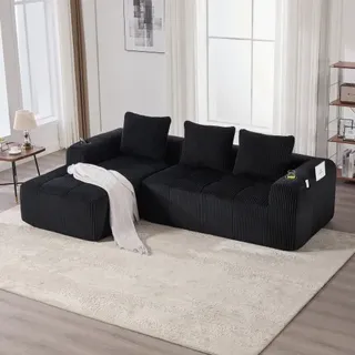 Kompakt-sofa Aus Cord – Weich, Modular & Alltagstauglich Mit Seitentasche Und Getränkehalter. Hochwertiger Komfort Für Langes Sitzen, Inkl. 3 Kissen. Ideal Für Wohnzimmer, Arbeitszimmer & Mehr.schwarz