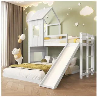 Flieks Etagenbett, Etagenbett Kinderbett mit Oberbett 90x200cm und Unterbett 140x200cm weiß