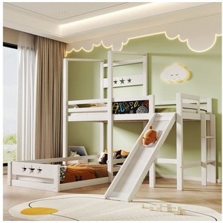 REDOM Kinderbett Etagenbett mit Tafel und Rutsche (Hochbett mit Leiter 90x200 cm, Hausbett), Massivholz weiß 211 cm x 208 cm x 195 cm