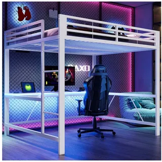 HAUSS SPOLE Hochbett 160x200 mit LED USB,Kinderbett Jugendbett Schreibtisch und Matratze (Bettgestell Metallbett mit Arbeitsbereich und Sicherheitsgeländer, mit Matratze) Gamingbett mit Metallkonstruktion und LED-Beleuchtung