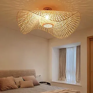 HYQJUNE Vintage Deckenlampe Rattan Runde Deckenleuchte Retro Bambus Rattan Schlafzimmer Deckenlampe Wohnzimmer Pendelleuchte Arbeitszimmer Balkon Eingang Gang Lampe Leuchte,65cm