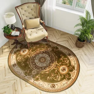 TAPISO Yesemek Teppich Oval Klassisch Gemustert Kurzflor Oriental Floral Ornament Grün Creme Bordüre Schlafzimmer Wohnzimmer ÖKOTEX 140 x 190 cm