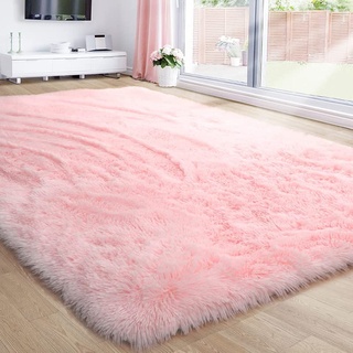 Amdrebio Pinker Teppich für Mädchenzimmer, Flauschiger Zottelteppich, 122 x 18 cm, für Wohnzimmer, Flauschiger Teppich für Kinderzimmer, rosa Teppich, niedliche Raumdekoration für Baby