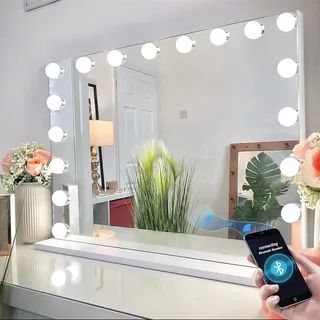 FENCHILIN Bluetooth Schminkspiegel mit Beleuchtung 18 LED Lampen 80x58cm | Großer Hollywood Spiegel mit USB 3 Farbmodi 10 facher Vergrößerungsspiegel gehärtetes Glas für Wandspiegel und Tischspiegel