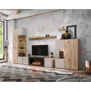 ASM-Moebel Wohnwand Wohnwand CATALINA mit Rillenfront Bio Ethanol Kamin LED Push - Click, Mit Bio-Ethanol Kamin, Led Beleuchtung und Push-Click System. beige
