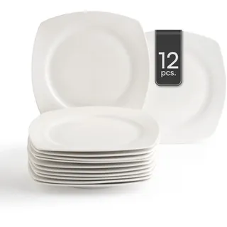 Home4You Speiseteller 12er Set, 28 x 28 cm - Weiß - Bone China - eckig - 12er Set