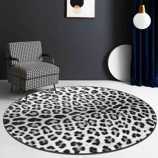 Rug-QJDDUP Teppich Rund,Leopard Drucken Muster, Schwarz, Round Diameter 120 cm, Kurzflor Teppiche Wohnzimmer Schlafzimmer kinderzimmer, weicher pflegeleichter Kurzflor