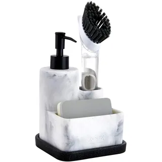 ZCCZ Seifenspender mit Schwammhalter, Seifenspender Pumpe, Schwammablage und Bürstenhalter, 3-in-1-Set, Organizer für Spüle, herausnehmbares Tablett, Marmor-Optik Marmoroptik