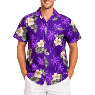 King Kameha Hawaii Hemd Männer - Komfortables Hawaiihemd Herren Kurzarm mit Front-Tasche & Blumen-Print - L