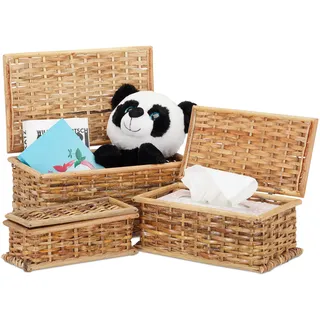 Relaxdays Körbchen 3er-Set Rattan, Deckel, geflochten, Wohnzimmer, Korbset, Dekokiste, 10 L Volumen, Landhaus, natürlich