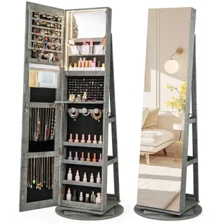 RELAX4LIFE Schmuckschrank mit 2 Spiegeln, 3 in 1 Spiegelschrank mit 3 farbigen LEDs, 360° Drehbar & Abschließbar, Schmuckorganizer mit 3 Regalen (Schwarz) (Grün)