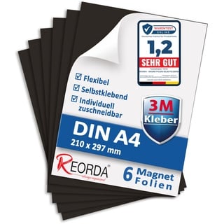 Reorda® Magnetfolie DIN A4 selbstklebend 6er Set - Magnetpapier mit starkem 3M-Kleber - Magnetplatte zuschneidbar für Kühlschrank, Tafeln & Poster - Magnetische Folie selbstklebend für's Basteln