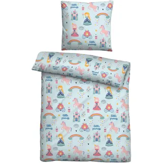 Bettwäsche BIBERNA "kleine Prinzessin", blau (ciel), B/L: 135cm x 200cm, 1 Stk., 1 Stk., Feinbiber, B/L: 80cm x 80cm, 2 Stk., Feinbiber, Obermaterial: 100% Baumwolle, Bettwäsche, Bettwäsche, wohlig warm + weich, pflegeleicht, aus 100% Baumwolle, Reißverschluss