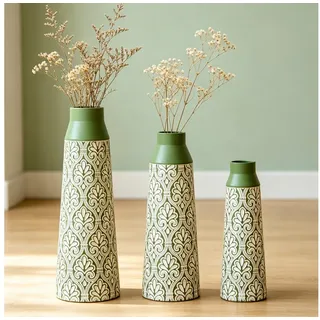BlingBin Bodenvase Bodenvase 3er Set, Metall Vase mit Geometrischem Muster, 42/51/61 cm (3er Set, 3 St., Groß: 20x20x61cm, Mittel: 17x17x51cm, Klein: 15x15x44cm), Dekovase für Wohnzimmer, Esszimmer, Trockenblumen & Pampasgras, Grün grün