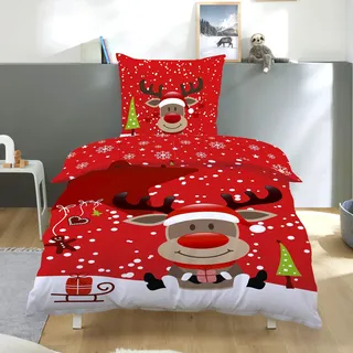 Familando – Weihnachts Bettwäsche Set Rot (2-teilig) – Decken- & Kissenbezug 135x200 cm & 80x80 cm mit Reißverschluss – Wärmendes Fleece – Wendemotiv mit Rentier und Schnee – Oeko-TEX Zertifiziert