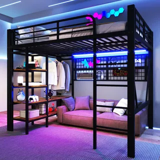 BTM Hochbett 140 x 200 cm Eisenrahmen Hochbett mit Schreibtisch, LED-Lichtleiste, Kleiderstange Jugendbett mit Treppe, Schwarz, ohne Matratze