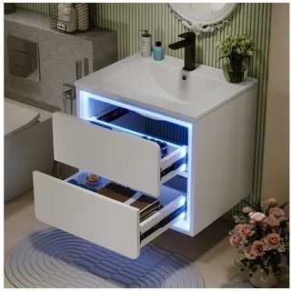 autolock Waschtisch Wandhängend Unterschrank mit LED-Radarsensorlicht, Waschbecken  (60×46×50 cm), Handwaschbecken Badezimmerschrank Keramik, Feuchtigkeitsbeständig weiß
