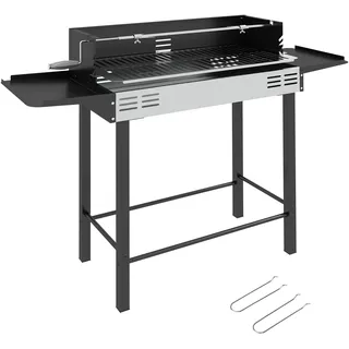 Holzkohlegrill Grill Bbq-grill, Verstellbares Rost, 1 Drehspieß, 118 X 32 X 90 Cm, Schwarz + Silber