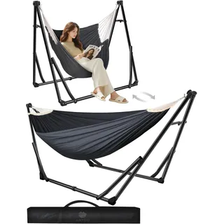 ANYOO Hängematte und Hängesessel mit klappbarem Gestell, Tragbar | stabiles Hängemattengestell-Set, werkzeugfreier Aufbau, bis 200 kg, für Outdoor/Indoor Garten Terrasse Balkon Camping Deck