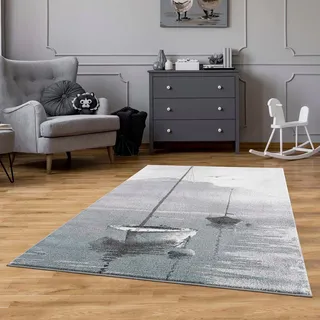 Carpet City Teppich Kinderzimmer Grau, Blau - 160x225 cm - Segelboot, maritimes Muster - Kinderzimmerteppiche Jungen und Mädchen - Kurzflorteppich Modern Wohnzimmer