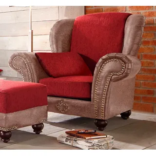 Sessel HOME AFFAIRE "King George gemütlicher Ohrensessel mit Ziernägeln, mit Federkern", braun (braun, rot), B:121cm H:110cm, Korpus aus Luxus-Microfaser in Vintage-Optik (100% Polyester), Sitzfläche aus Chenillebezug (70% Polyacryl 30% Polyester), Kissen in Druckstoff (100% Polyester), Sessel, Sessel