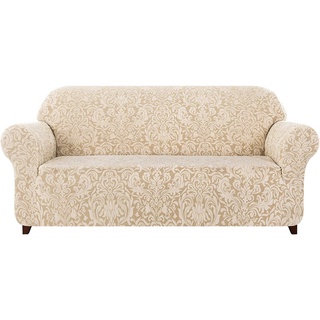 subrtex Damast Sofabezug Stretch Sofahusse Couchbezug Sesselbezug Elastischer Blumenmuster rutschfest Stretchhusse Weich Stoff(3 Sitzer,Beige Muster)