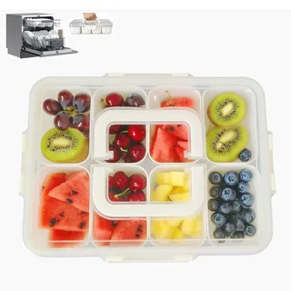 Kwybei Snackbox mit 8 Fächern, Snackschale aus PP Spülmaschinenfest,Snackteller mit Deckel und Griff,Snackdose Organizer für Obst Dessert Süßigkeiten Nüsse Gemüse (1 Stück)