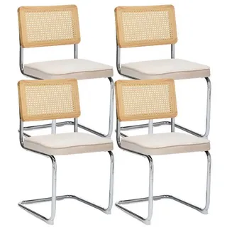 LuxusKollektion Freischwinger Esszimmerstühle Rattan Breuer Samtbezug Edelstahl armlos Beige 4er-Set