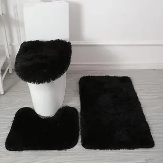 Badteppich-Set 3-teilige Rutschfeste Rutschfeste Badematte U-förmiger Konturteppich und Toilettendeckel Waschbare Duschmatte Super Weich Badteppich Badezimmer Matte WC-Sitz Bezug (Schwarz)