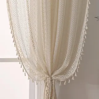 WAZZIO Boho-Quasten-Vorhänge für Wohnzimmer, Vintage-Stil, Stangentasche, Bohemian-Vorhänge, geometrische Streifen, gestrickte Spitze, lichtfilternde Vorhänge, 213,4 cm lang, 2-teiliges Set für