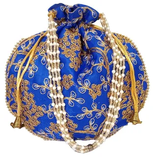 Purpledip Silk Potli Bag (Clutch, Drawstring Purse): Aufwendige Goldfaden & Pailletten-Stickerei Satchel für Damen, Blau (12602D), Blue Vines, Large - L
