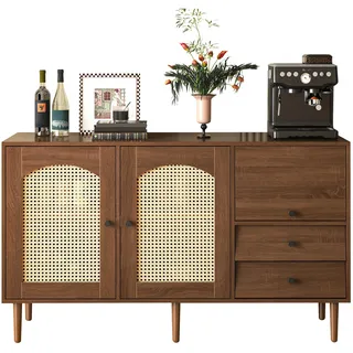 BTM Sideboard mit Rattan Einsatz, 3 Türen und 2 unregelmäßigen Schubladen, Sideboard TV-Schrank für Flur Schlafzimmer Wohnzimmer Esszimmer,Braun,130Lx75Bx40H cm