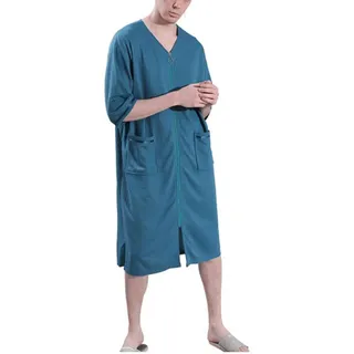 GaoYunQin Männer Kurzarm Reißverschluss Robe Nachthemd V-Ausschnitt Nachthemden Lose Nachtwäsche Hausmantel Bademantel mit Taschen - 3XL