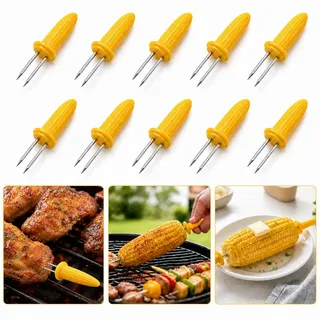 SHYSBV 10 Maiskolbenhalter Edelstahl – Maisgabeln mit Doppelzinken | Doppelzinken fixieren den Mais Spieße; ergonomischer, rutschfester Griff; ideal fürs Grillen, Picknick & Camping