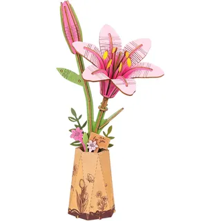 Rolife 3D Puzzle Blumen Blumenstrauß hölzerne Blüte Handwerk Modell Kits für Erwachsene Ewige Blumen romantisches Geschenk für ihren Geburtstag/Valentinstag/Muttertag (Rosa Lilie)