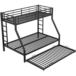 Merax Etagenbett für Erwachsene, Metallbett Hochbett mit ausziehbarem Bett 90x200cm/140x200cm/90x190cm, schwarz