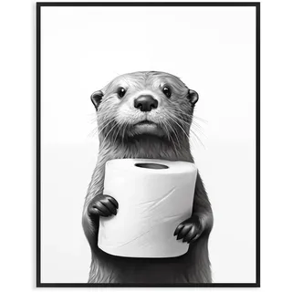 Dazzlewall Lustiges Badezimmer WandBild, Niedlicher Otter mit Toiletten Bild, Schwarz Weiß Tierbild für Badezimmer Toiletten Deko 12x16 Zoll Ungerahmt