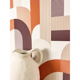 Newroom Vliestapete Leona Orange Tapete Mustertapete Streifen,Linien,Bogen, Orange Tapete Modern Streifen - Mustertapete Boho-Tapete Lila Beige Boho Grafisch Linien Bogen für Wohnzimmer Schlafzimmer Küche, Boho-Tapete orange