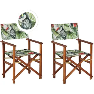 Zwei Gartenstühle dunkles Akazienholz Textil cremeweiß / bunt Tukanmotiv Cine
