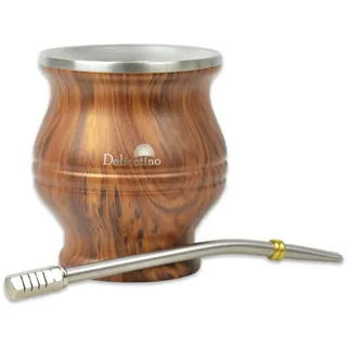 DELICATINO Mate KIT EDELSTAHL braun (Mate Becher BRAUN in Holzoptik + Bombilla HEXAGONAL 17cm)